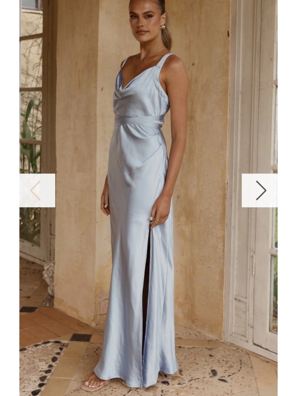 Light Blue Satin Cowl-Neck Maxi Dress with Side Slit
